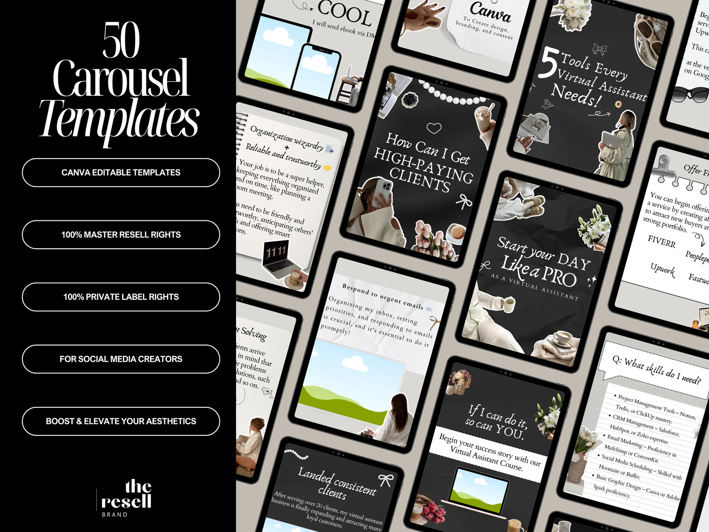 50 Dark Aesthetic Instagram Carousel Templates Canva | PLR + MRR Included | Editable Social Media Templates for IG Coaches + Brands