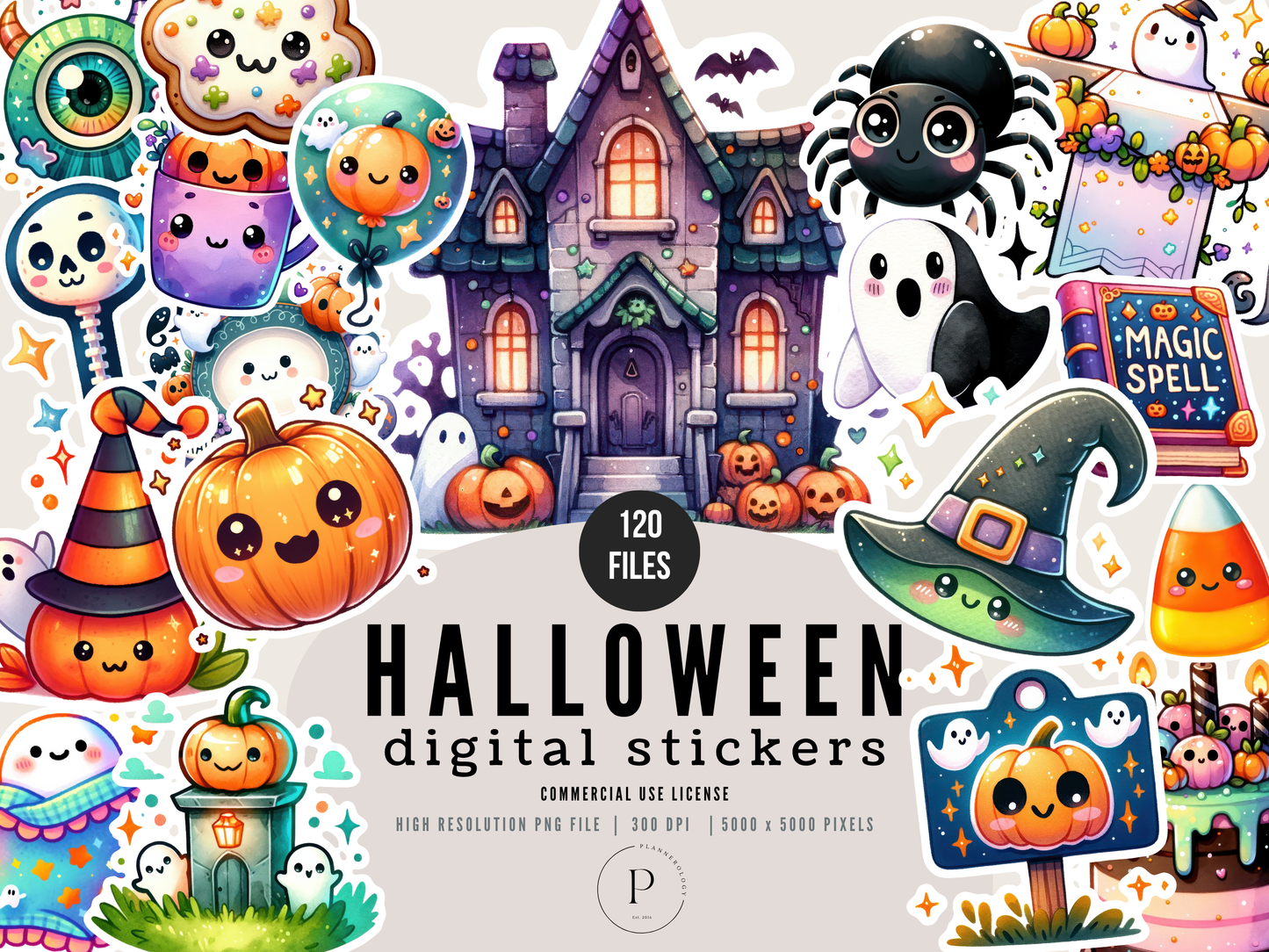 120+ Halloween Kawaii Digital Stickers PNG Files with White Border | Cute Spooky Clipart Bundle | High Res 300 DPI | Instant Download