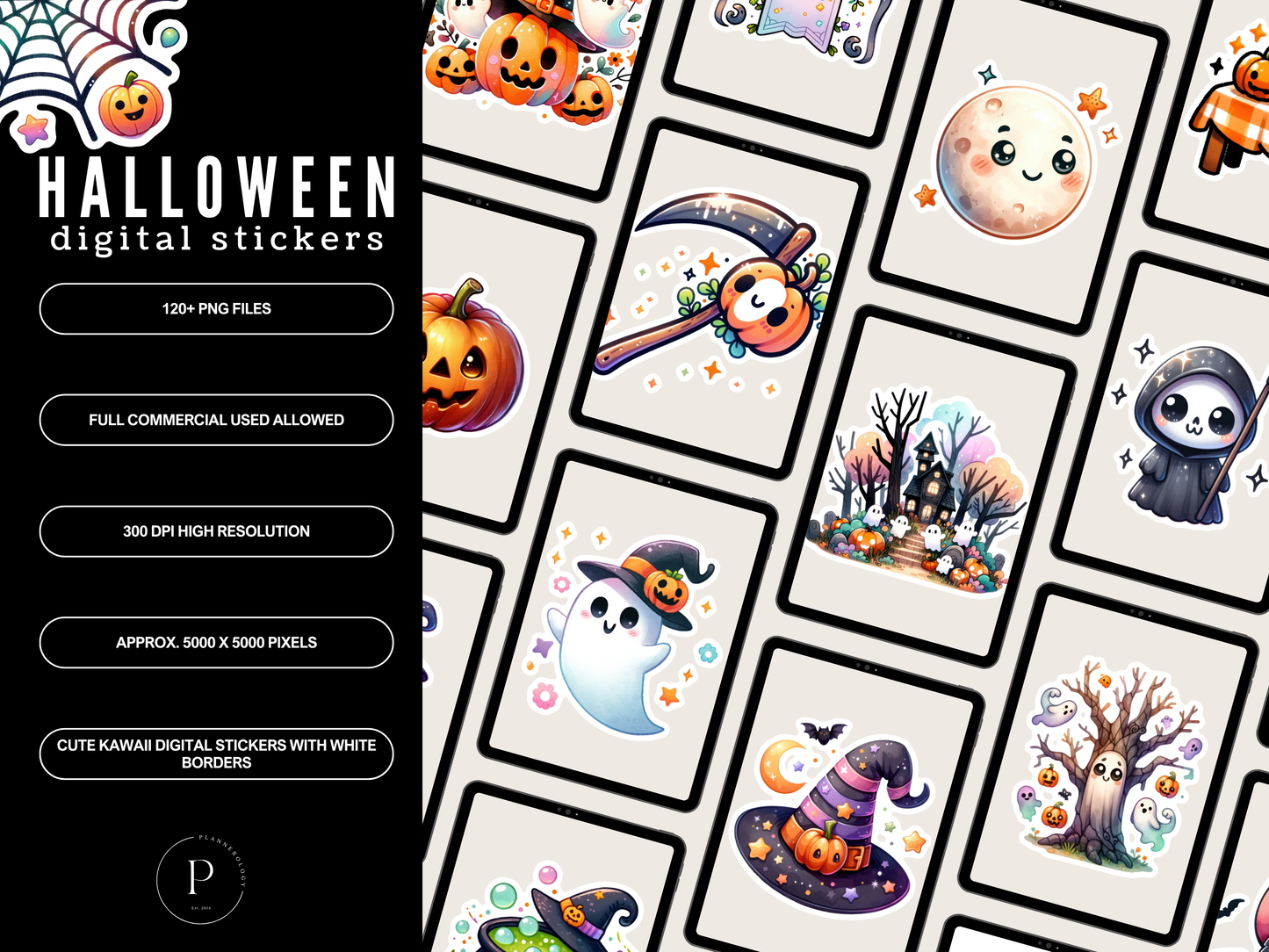 120+ Halloween Kawaii Digital Stickers PNG Files with White Border | Cute Spooky Clipart Bundle | High Res 300 DPI | Instant Download