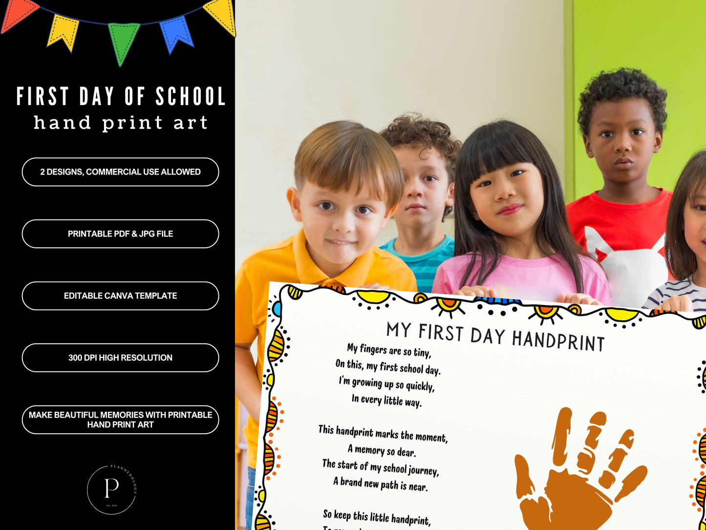 First Day of School Handprint Art | Back to School Printable Sign | Kids Keepsake Craft | Preschool DIY Activity | PDF JPG Canva Template