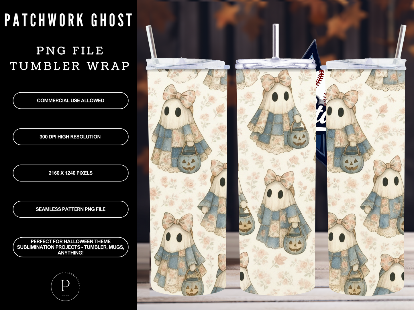 Patchwork Ghost 20oz Tumbler Wrap PNG | Whimsical Pastel Coquette Cozy Halloween Seamless Design | Sublimation Clipart | Commercial Use