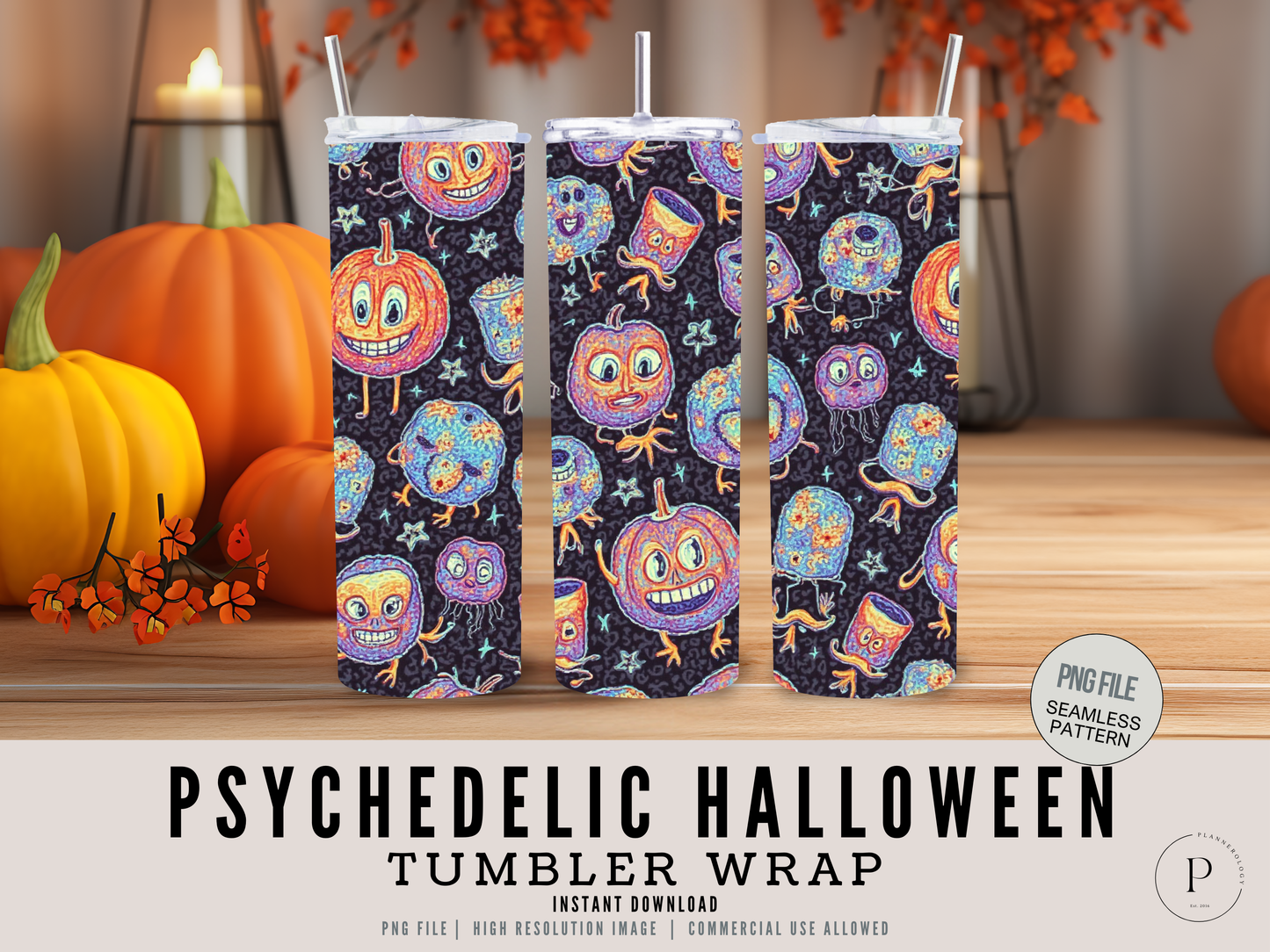 Psychedelic Halloween 20oz Skinny Tumbler Wrap PNG | Iridescent Seamless Sublimation Design | Quirky Fun High-Res | Commercial Use