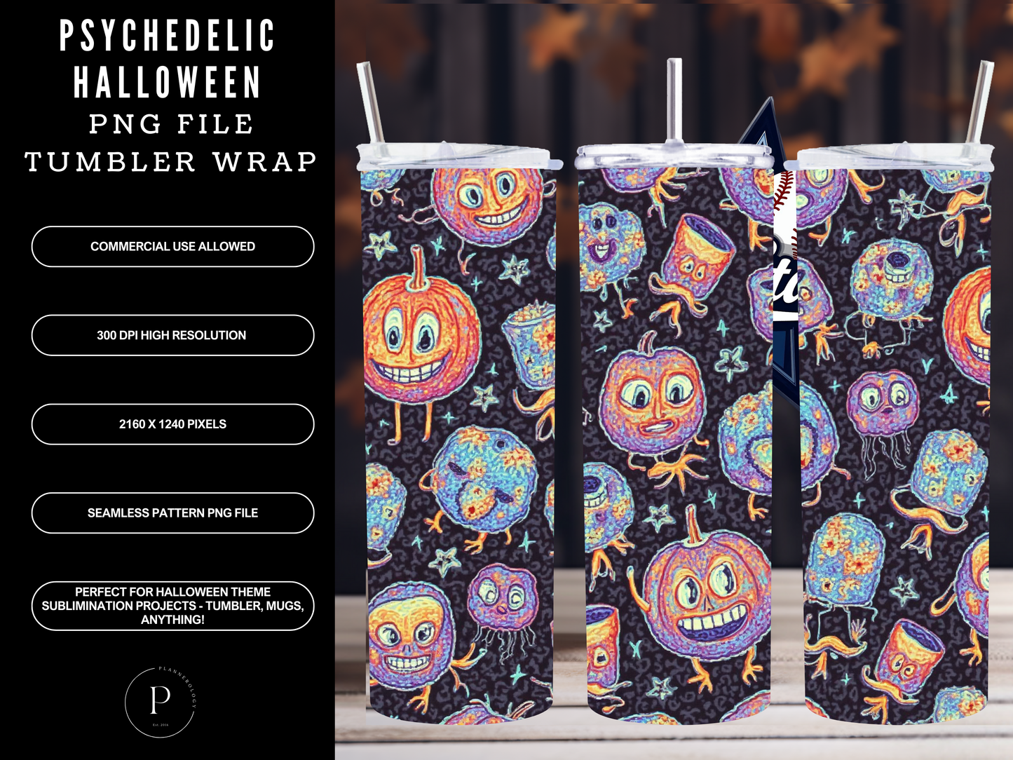 Psychedelic Halloween 20oz Skinny Tumbler Wrap PNG | Iridescent Seamless Sublimation Design | Quirky Fun High-Res | Commercial Use