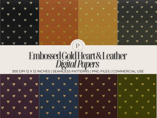Gold Embossed Hearts on Leather Digital Papers | Luxury Backgrounds | 8 PNG Textures | 12x12 | 300 DPI | Commercial Use | Scrapbooking