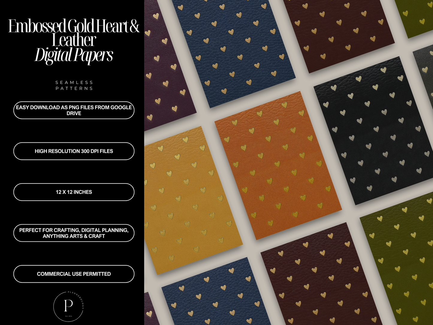 Gold Embossed Hearts on Leather Digital Papers | Luxury Backgrounds | 8 PNG Textures | 12x12 | 300 DPI | Commercial Use | Scrapbooking
