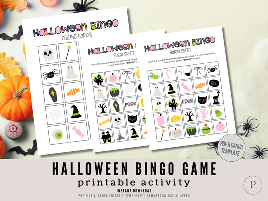 Halloween Bingo Game Printable Cards, Fun Kids Party Game, Classroom Activity, Digital Download for Halloween Fun | PDF & Canva Template
