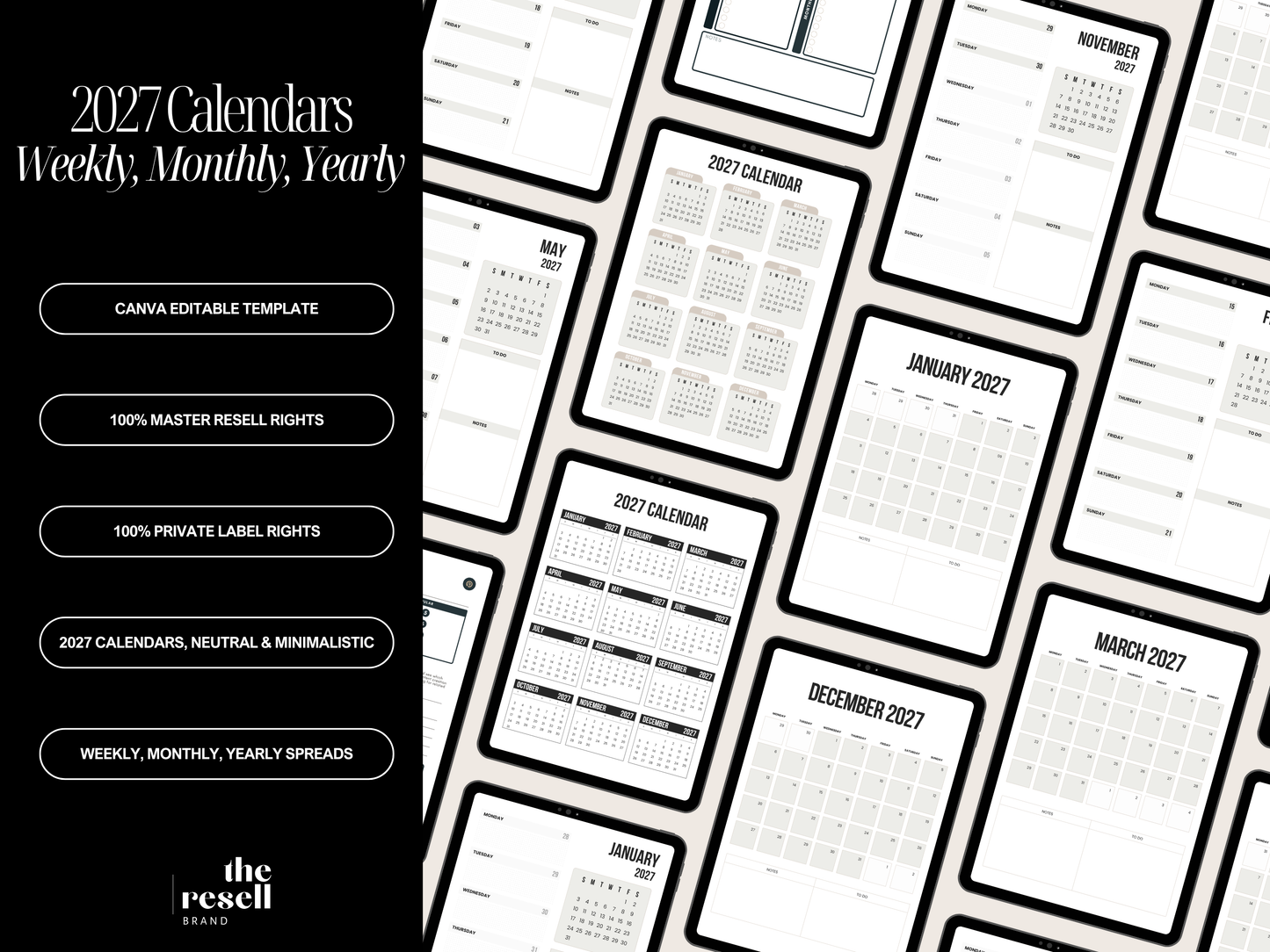2027 Calendar Weekly Monthly Yearly Planner Diary | 75 Pages Editable Canva Template | Neutral Minimalist | PLR + MRR