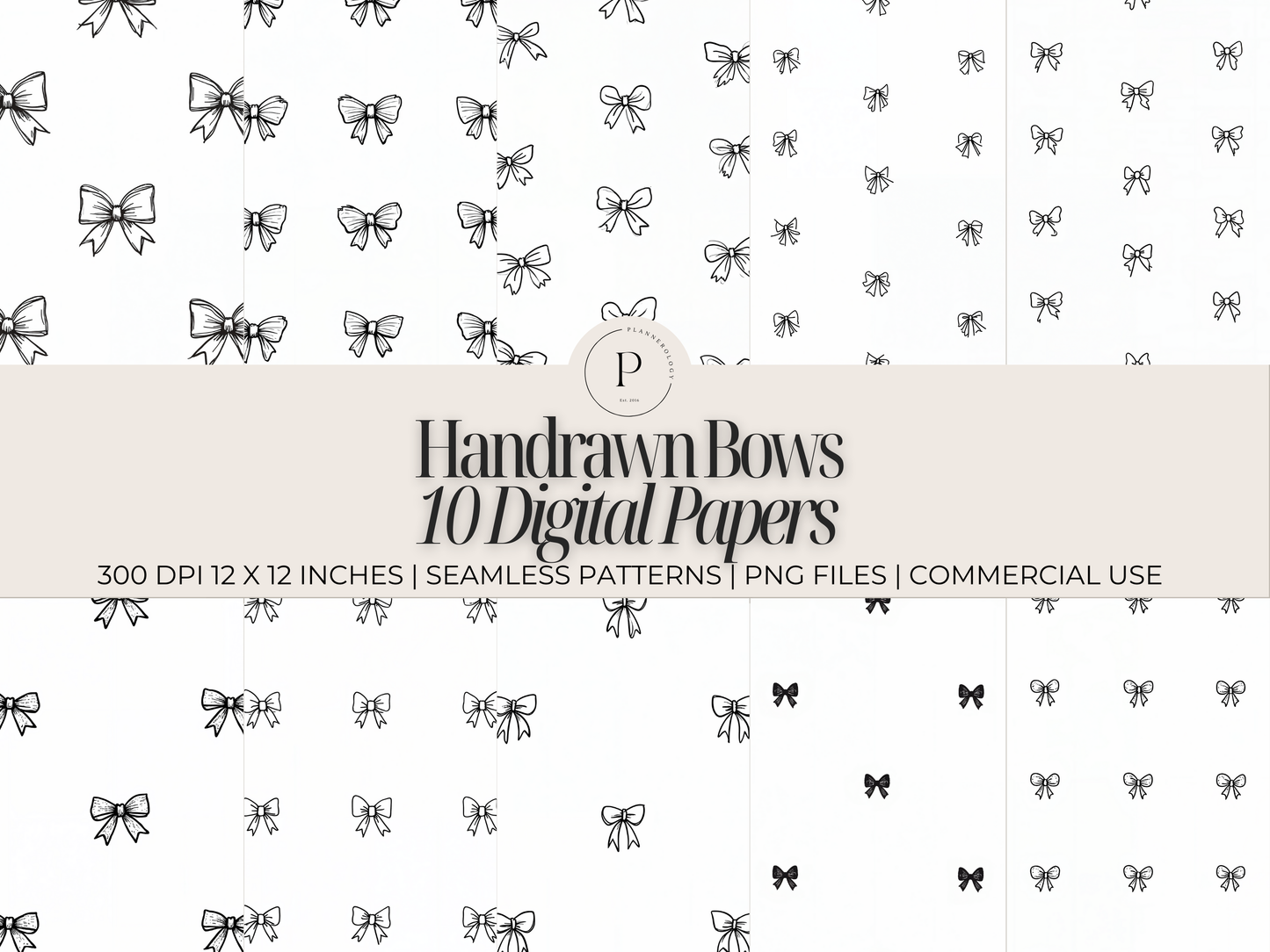 Hand-Drawn Black Bows Digital Paper Pack | 10 PNG Backgrounds | 12"x12” 300 DPI | Scrapbook, Junk Journal, Crafts, Sublimation | Commercial Use