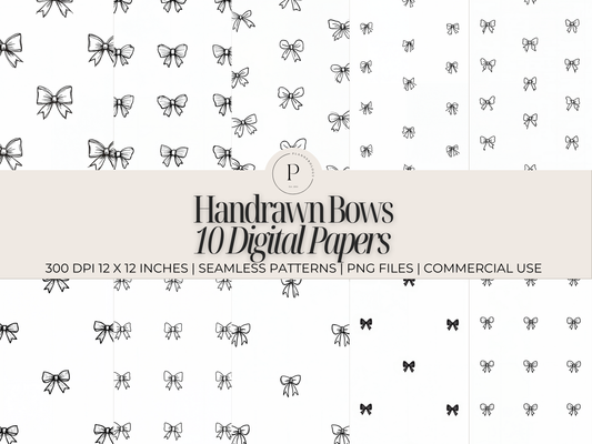 Hand-Drawn Black Bows Digital Paper Pack | 10 PNG Backgrounds | 12"x12” 300 DPI | Scrapbook, Junk Journal, Crafts, Sublimation | Commercial Use