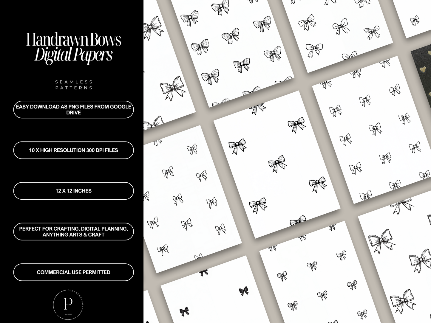 Hand-Drawn Black Bows Digital Paper Pack | 10 PNG Backgrounds | 12"x12” 300 DPI | Scrapbook, Junk Journal, Crafts, Sublimation | Commercial Use
