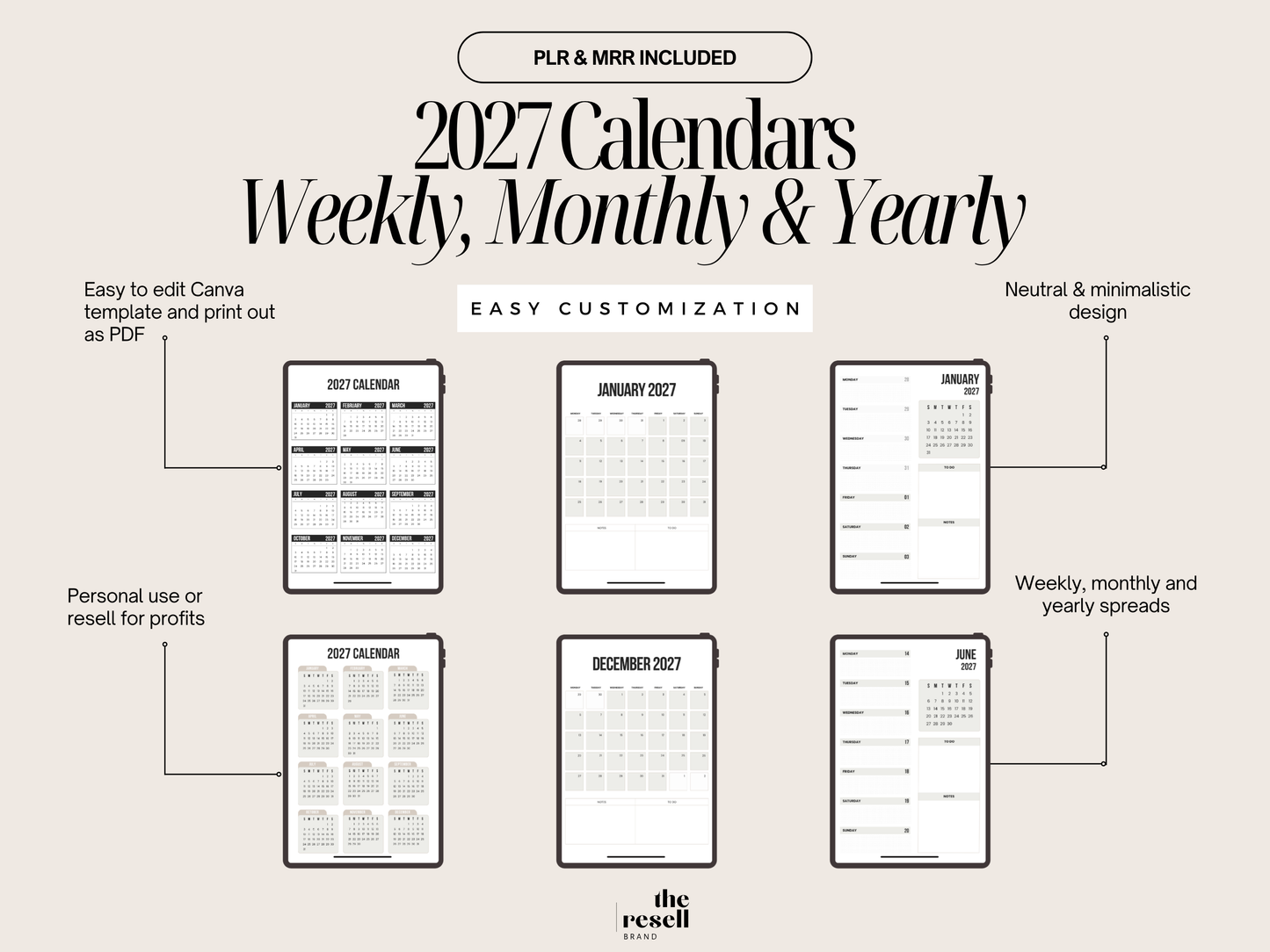 2027 Calendar Weekly Monthly Yearly Planner Diary | 75 Pages Editable Canva Template | Neutral Minimalist | PLR + MRR