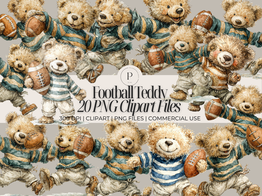 20 Football Teddy Bear Clipart PNG Bundle - Watercolor Sports Bears for Sublimation, Stickers, Invitations, Nursery Wall Art-Commercial Use