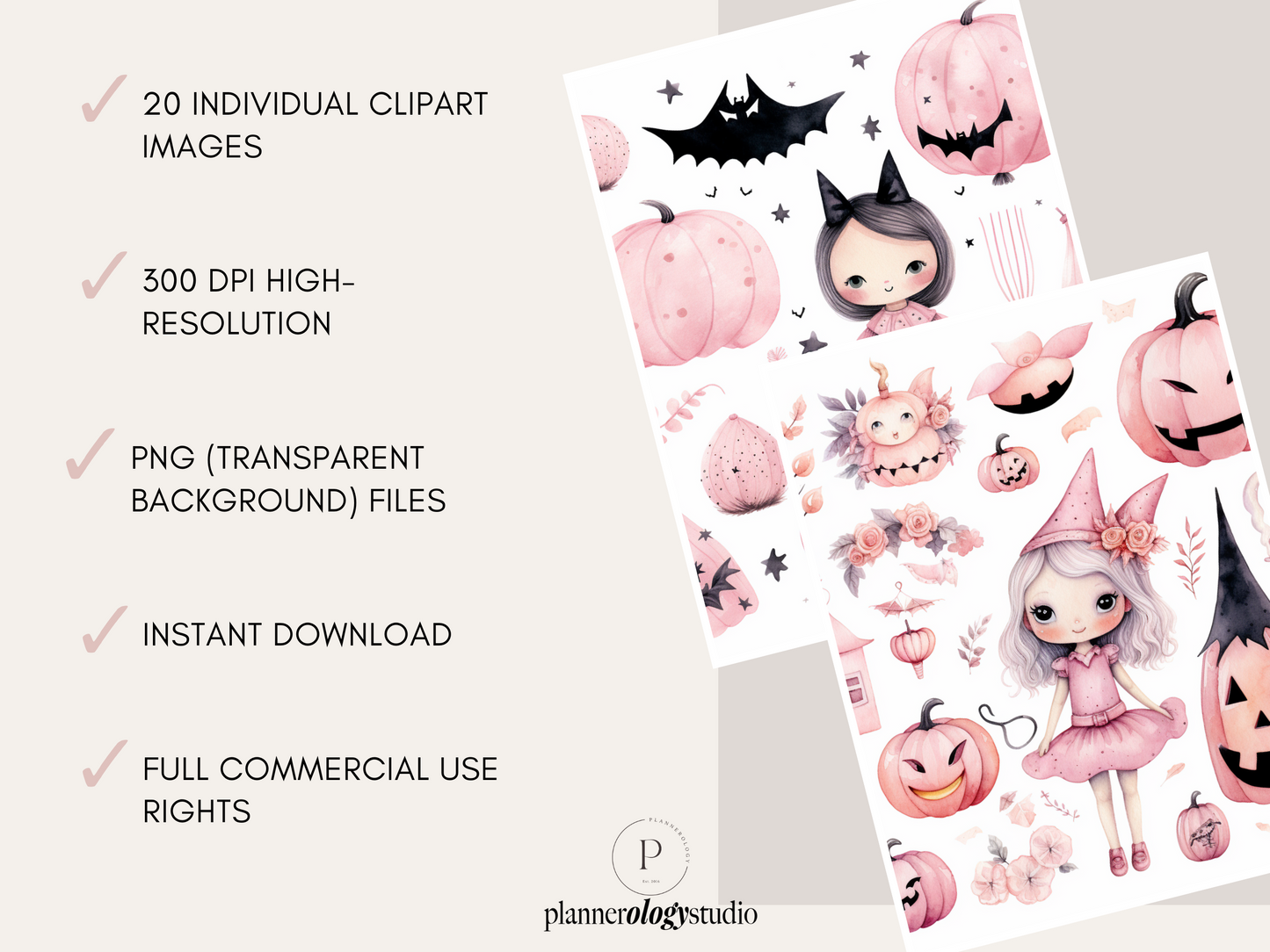 Pastel Pink Halloween Whimsical Watercolor Clipart Images | 20 PNG 300 DPI Bundle | Digital Download | Full Commercial Use Allowed