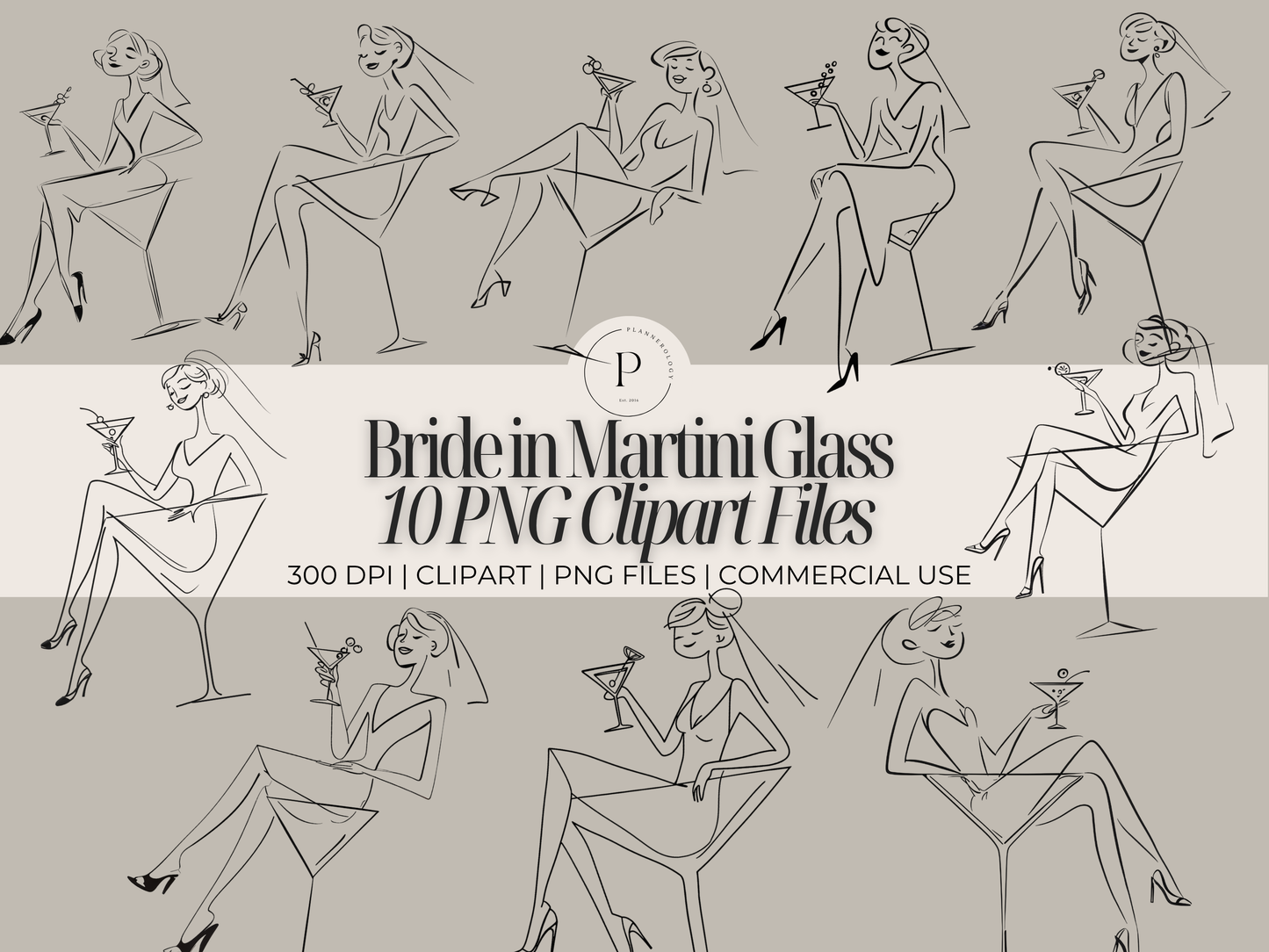 10 Bride in Martini Glass Clipart PNG Bundle - Hand-Drawn Bachelorette Wedding Party Graphics - Bridal Shower Art - Commercial Use