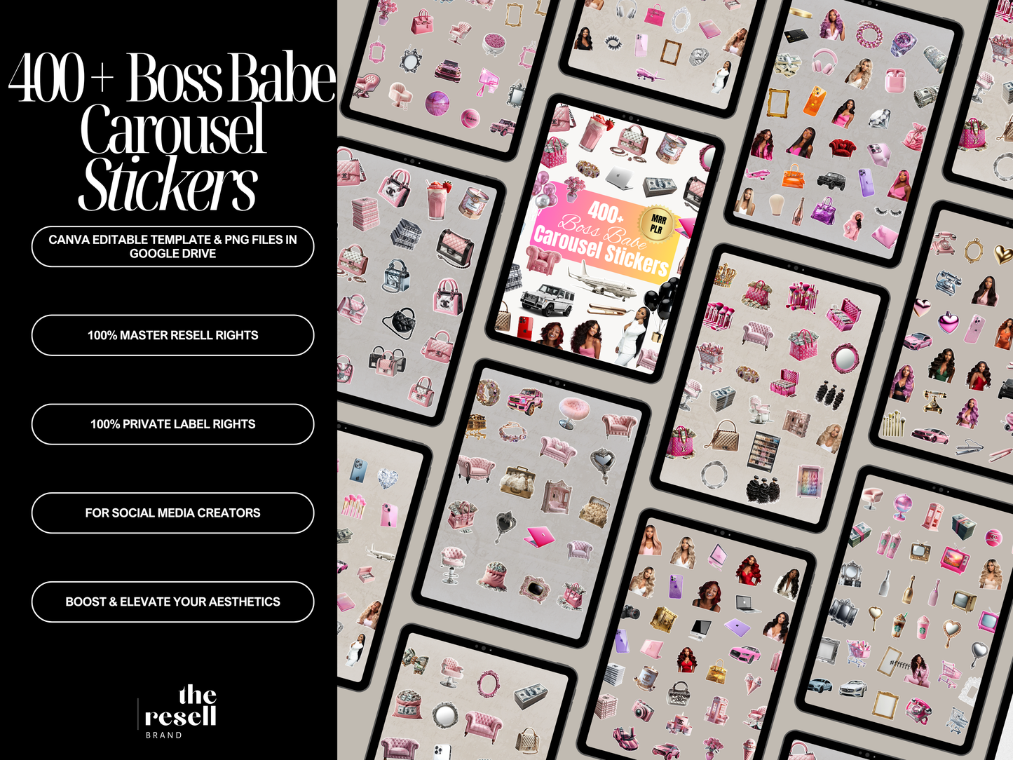 400+ Boss Babe Carousel Digital Stickers Canva Templates | Glam Rich Boss Babe Social Media PNGs | PLR MRR for Instagram Carousels & TikTok