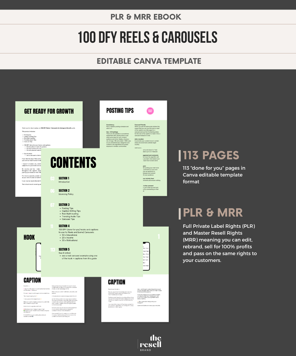 100 DFY Reels & Carousels | Instagram Digital Marketing | MRR & PLR | Canva Editable