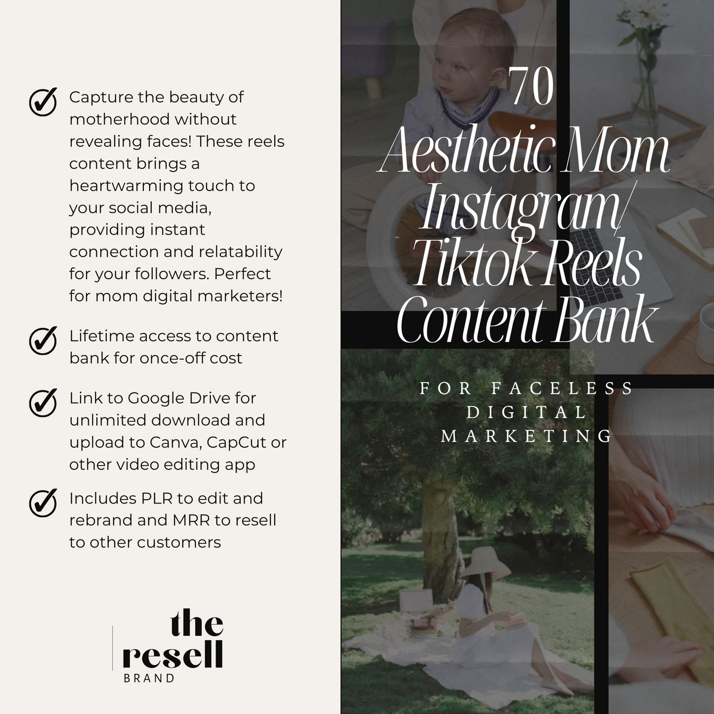 70 Mom Motherhood Instagram/Tiktok Reel Videos Content Bank | Aesthetic Faceless Videos | MRR & PLR
