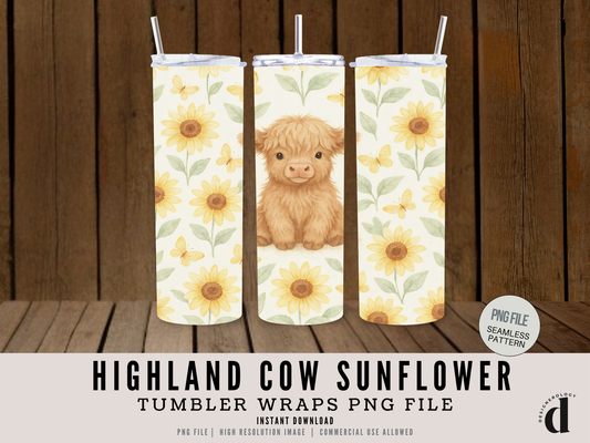 Highland Cow Sunflower Tumbler Wrap PNG | 20oz Skinny Sublimation Design | Watercolor Cow with Sunflowers & Butterflies | Commercial Use