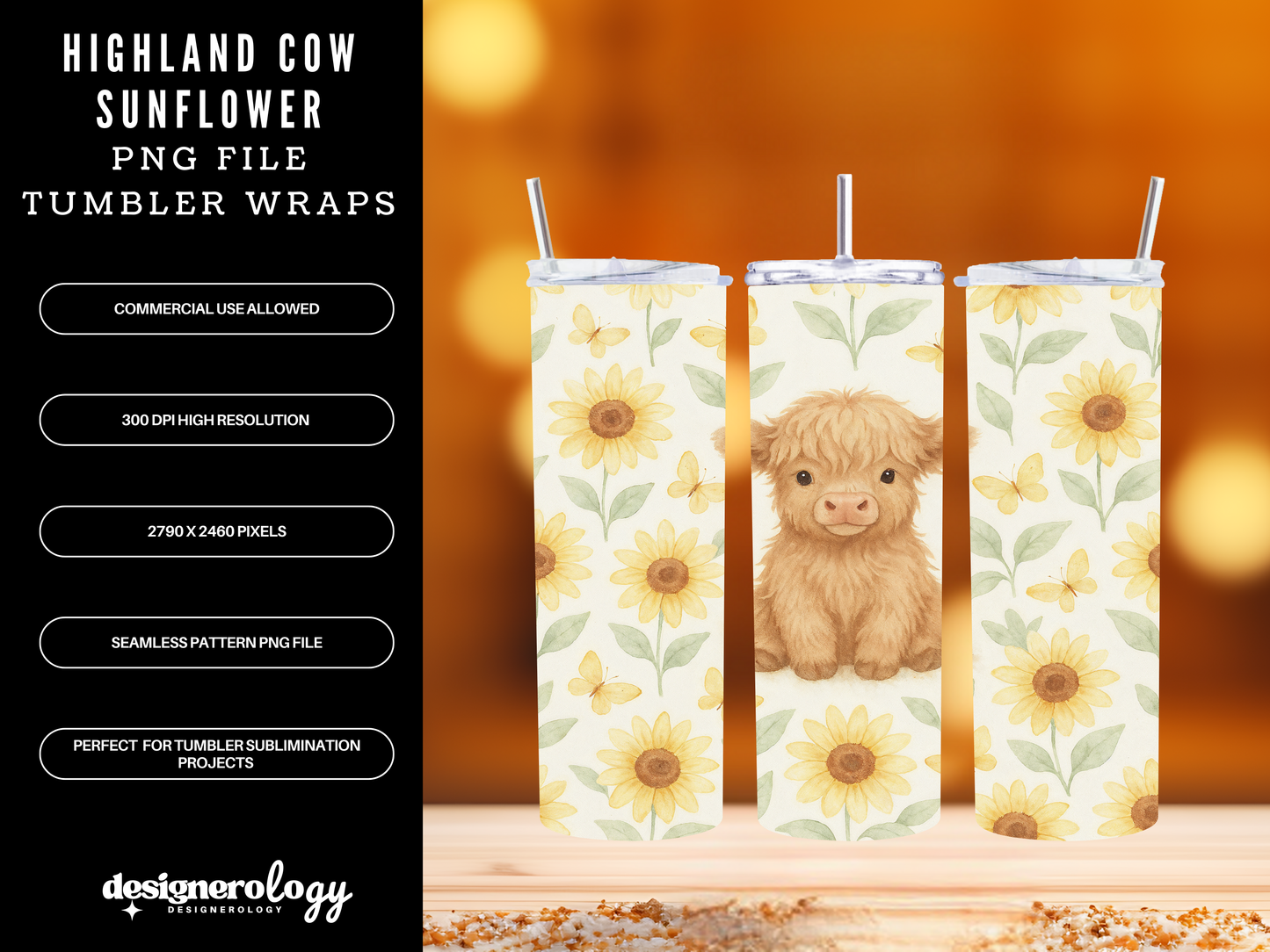 Highland Cow Sunflower Tumbler Wrap PNG | 20oz Skinny Sublimation Design | Watercolor Cow with Sunflowers & Butterflies | Commercial Use