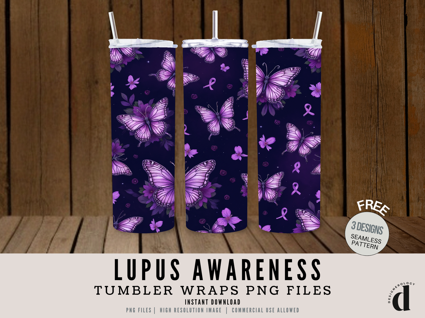 Lupus Awareness Tumbler Wrap PNG | Purple Ribbon Sublimation Design | 4 Variations (inc 3 Bonus Freebies) | Commercial Use