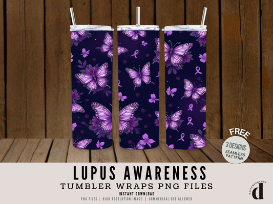 Lupus Awareness Tumbler Wrap PNG | Purple Ribbon Sublimation Design | 4 Variations (inc 3 Bonus Freebies) | Commercial Use