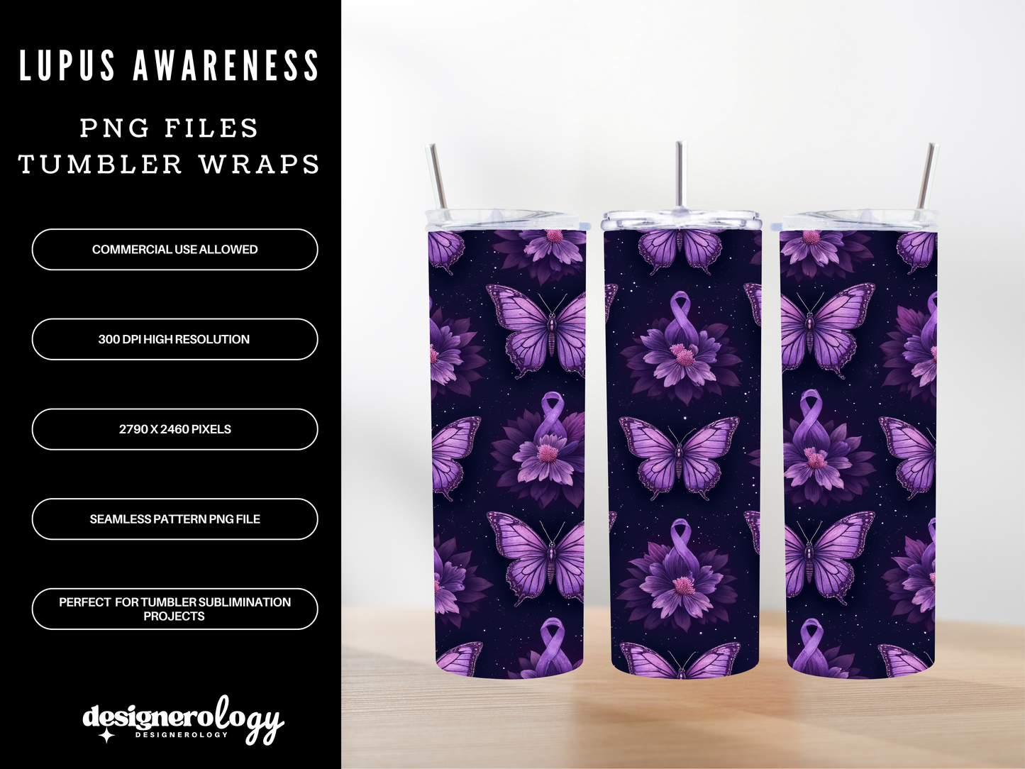 Lupus Awareness Tumbler Wrap PNG | Purple Ribbon Sublimation Design | 4 Variations (inc 3 Bonus Freebies) | Commercial Use
