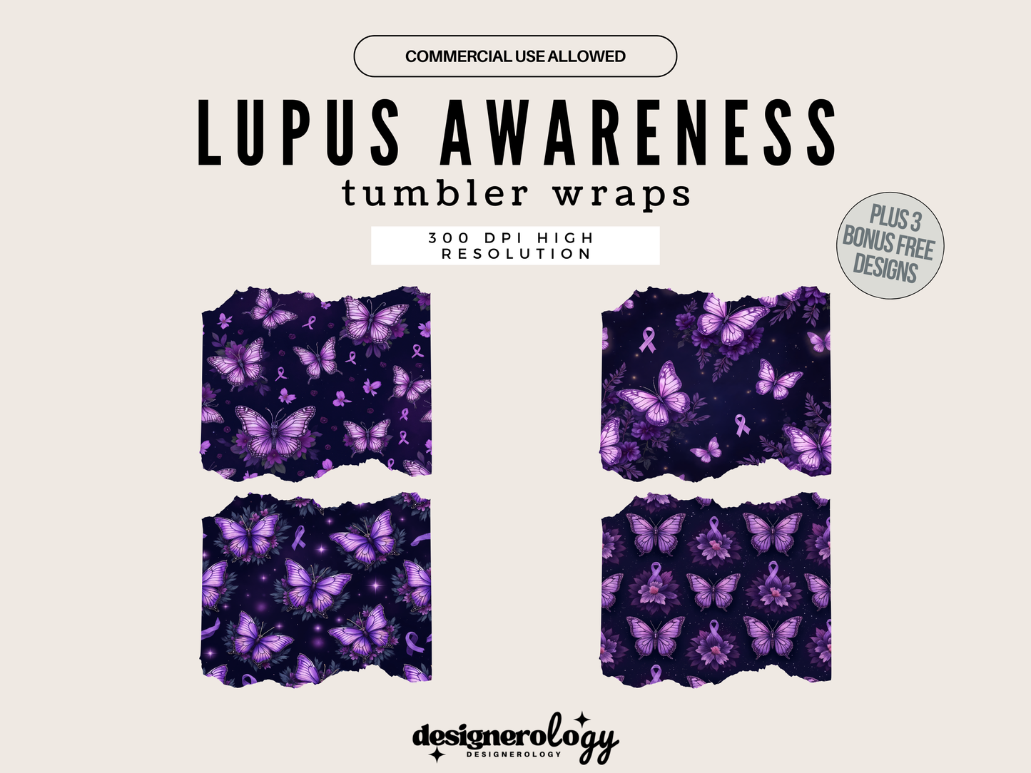 Lupus Awareness Tumbler Wrap PNG | Purple Ribbon Sublimation Design | 4 Variations (inc 3 Bonus Freebies) | Commercial Use