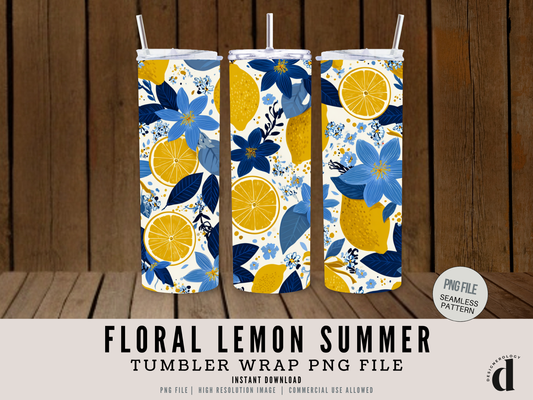 Floral Lemon Summer 20 oz Tumbler Wrap PNG | Seamless Sublimation Design | Bright Citrus Flowers | High-Res | Commercial Use