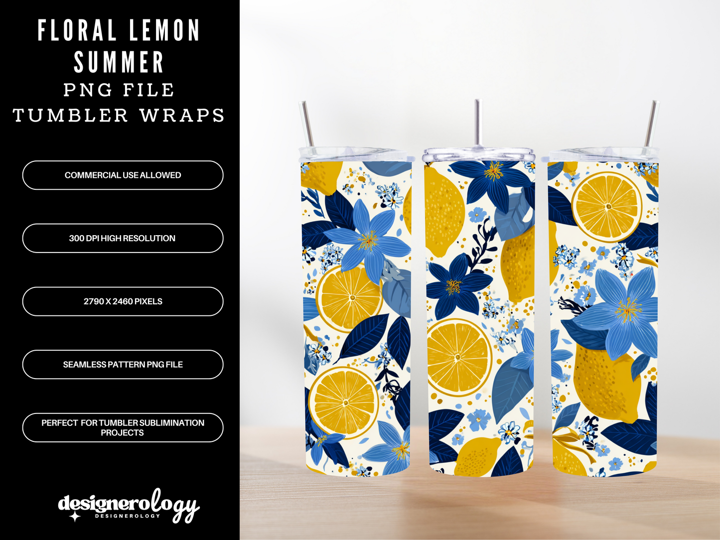 Floral Lemon Summer 20 oz Tumbler Wrap PNG | Seamless Sublimation Design | Bright Citrus Flowers | High-Res | Commercial Use