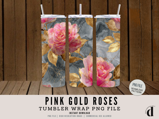 3D Pink Gold Roses Floral Tumbler Wrap | 20 oz Skinny Tumbler Sublimation Design | Instant Digital Download PNG | Commercial Use