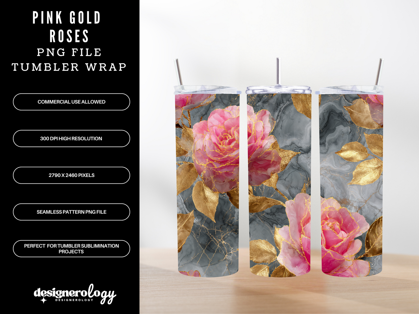 3D Pink Gold Roses Floral Tumbler Wrap | 20 oz Skinny Tumbler Sublimation Design | Instant Digital Download PNG | Commercial Use