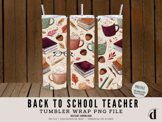 Back to School Teacher Tumbler Wrap PNG | Seamless Sublimation Design | Cozy Hygge Style, Books, Coffee, Autumn Leaves | Commercial Use