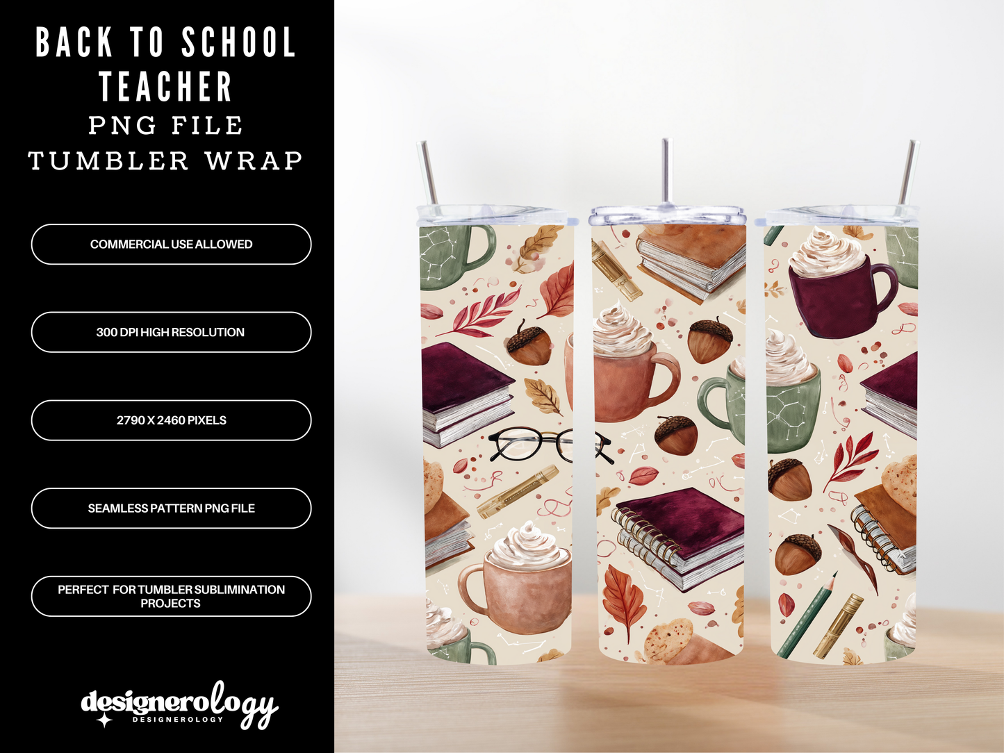 Back to School Teacher Tumbler Wrap PNG | Seamless Sublimation Design | Cozy Hygge Style, Books, Coffee, Autumn Leaves | Commercial Use