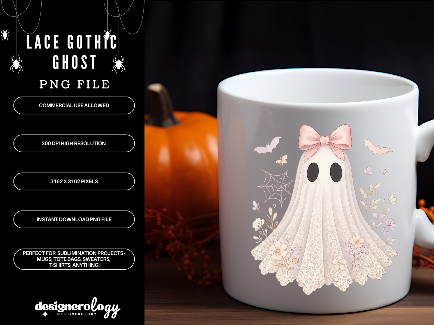 Pastel Lace Coquette Ghost PNG | Cute Girly Halloween Sublimation Clipart | Bow Ghost Design | Digital Download | Commercial Use