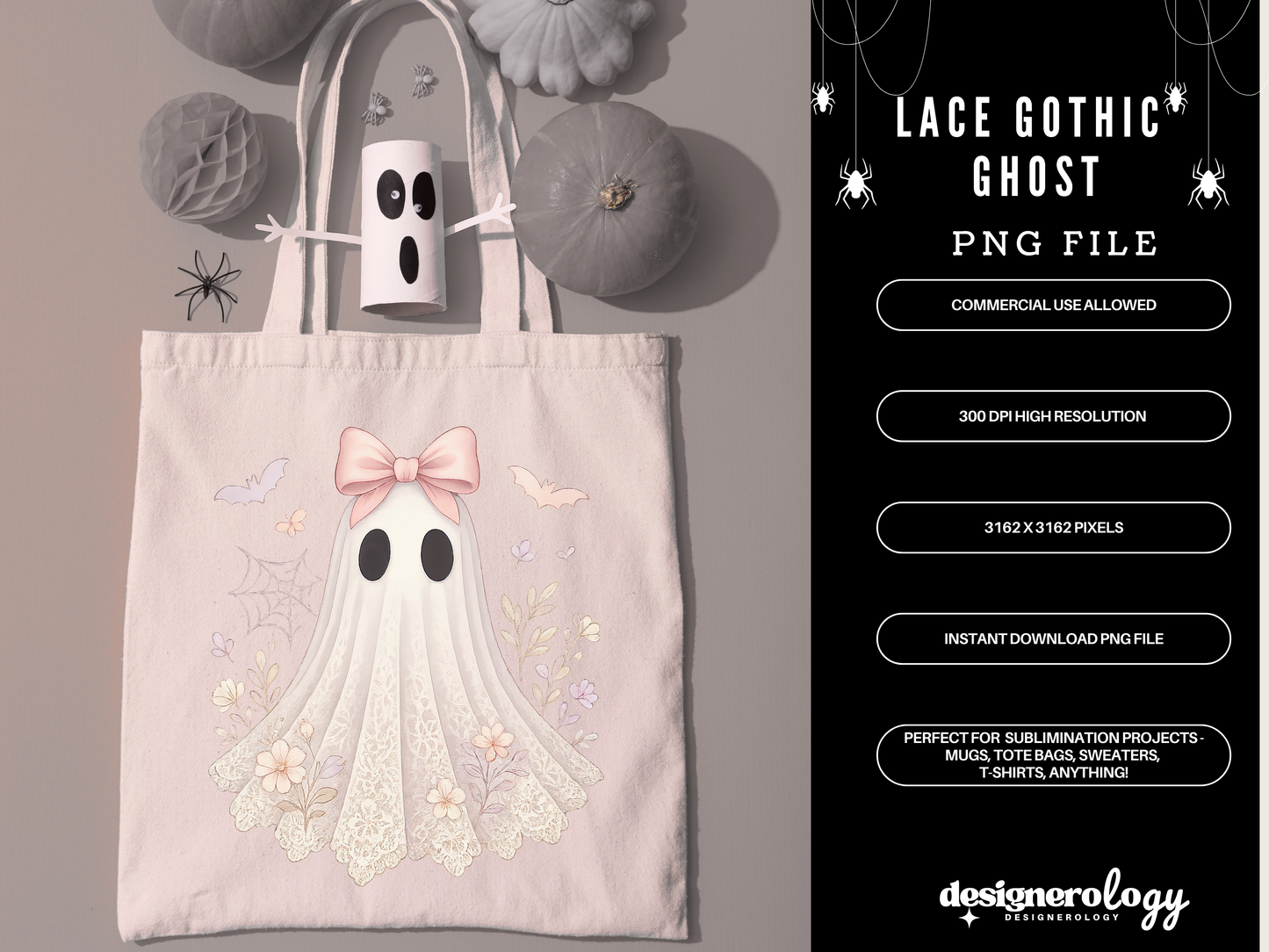 Pastel Lace Coquette Ghost PNG | Cute Girly Halloween Sublimation Clipart | Bow Ghost Design | Digital Download | Commercial Use