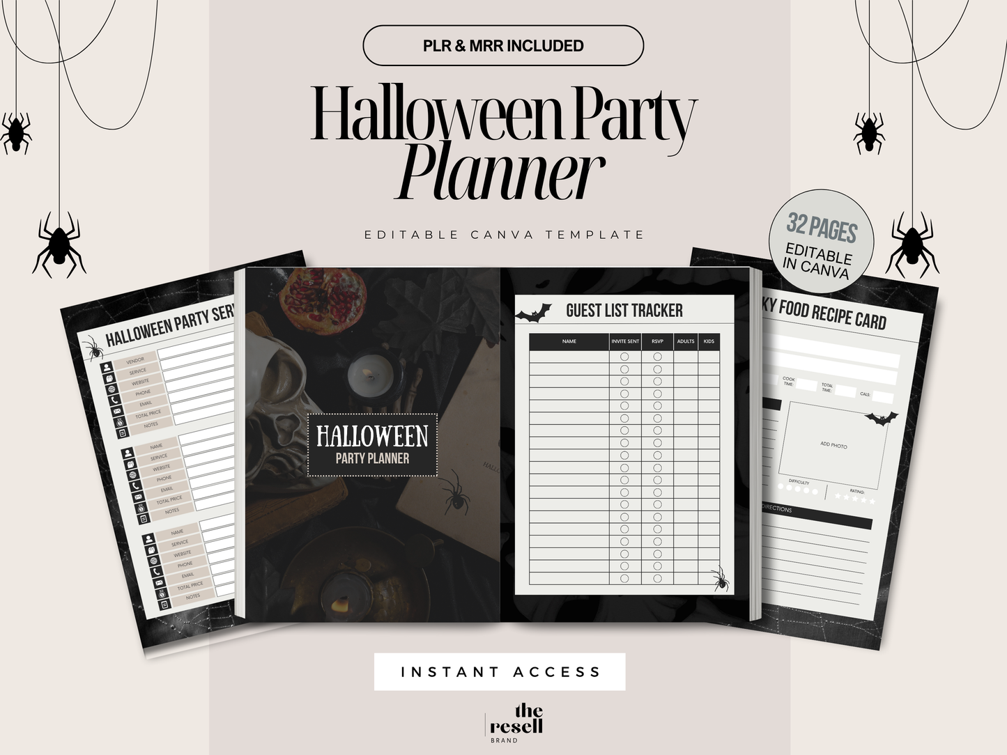Halloween Party Planner Canva Template | 32 Page Printable PDF w/ Trackers, Checklists | PLR MRR Digital Halloween Organizer