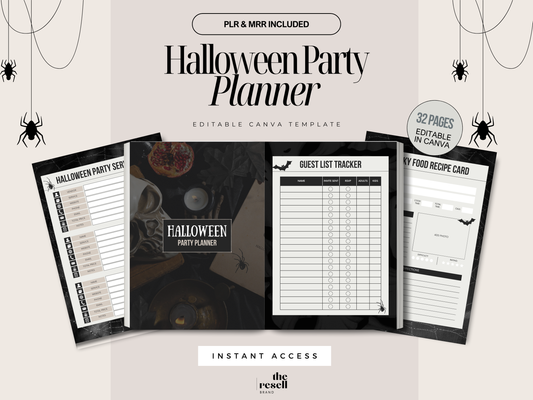 Halloween Party Planner Canva Template | 32 Page Printable PDF w/ Trackers, Checklists | PLR MRR Digital Halloween Organizer