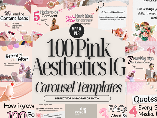 100 Pink Aesthetic Instagram Carousel Templates | Canva Editable | Cozy Social Media Kit | PLR + MRR Included | IG Content Templates
