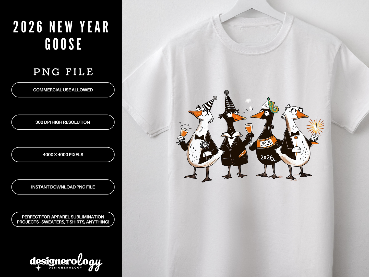 2026 Happy New Year Goose PNG | Funny Geese Sublimation Clipart | Quirky Farm Animal Shirt Design | Commercial Use