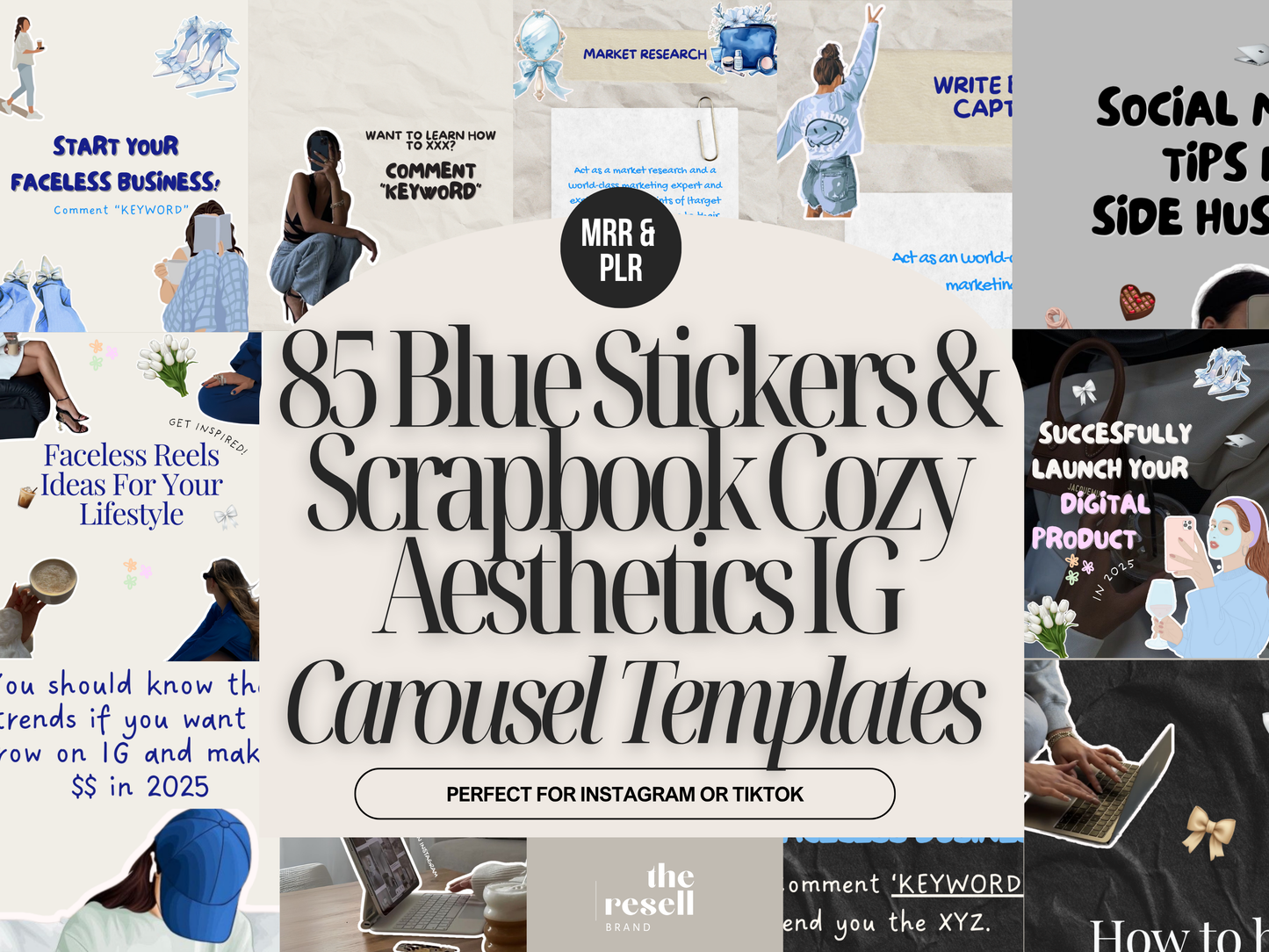 85 Blue Sticker Scrapbook Carousel Templates | Canva Editable IG Kit | Cozy Aesthetic Content | PLR + MRR Included | Digital Download