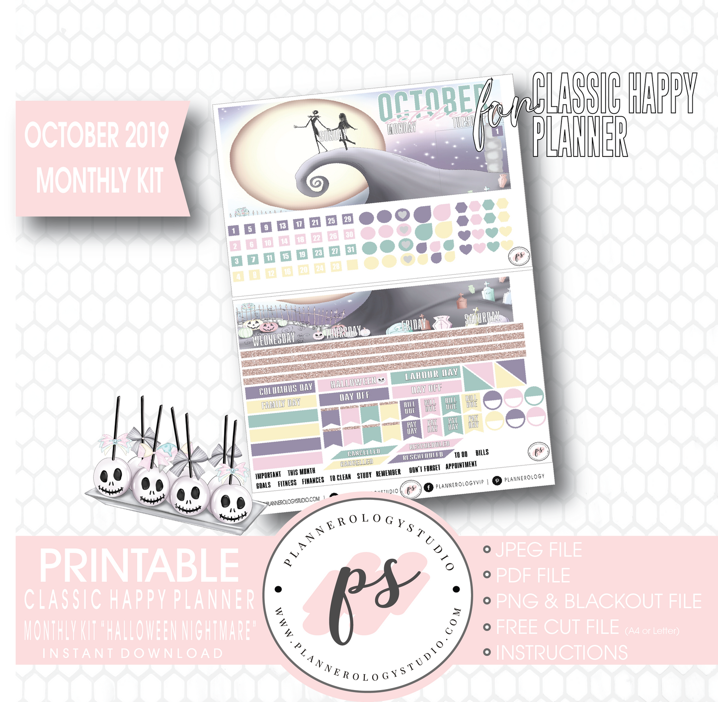 Halloween Nightmare October 2019 Halloween Monthly View Kit Printable Planner Stickers (for use with Classic Happy Planner) - Plannerologystudio
