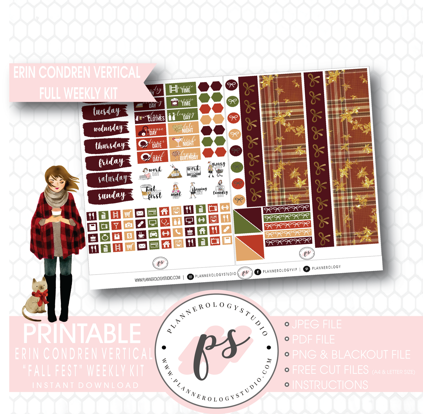 Fall Fest Full Weekly Kit Printable Planner Digital Stickers (for use with Erin Condren Vertical) - Plannerologystudio