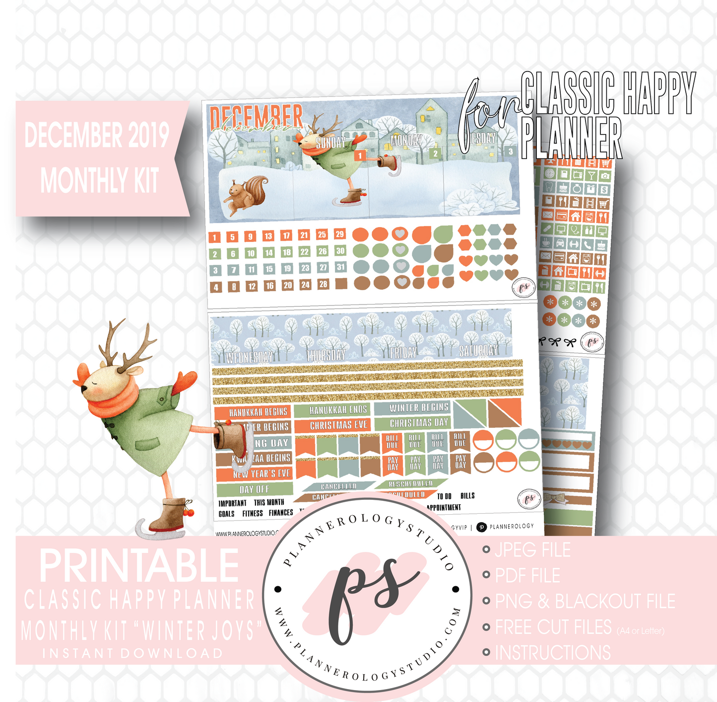 Winter Joys December 2019 Monthly View Kit Digital Printable Planner Stickers (for use with Classic Happy Planner) - Plannerologystudio