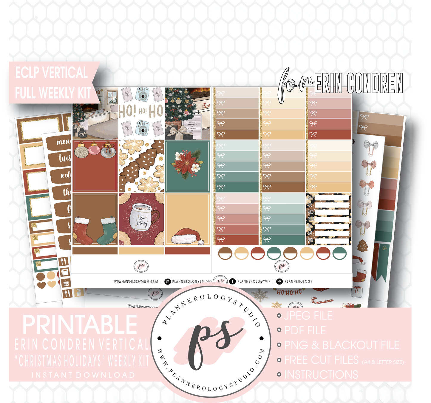 Christmas Holidays Full Weekly Kit Printable Planner Digital Stickers (for use with Erin Condren Vertical) - Plannerologystudio