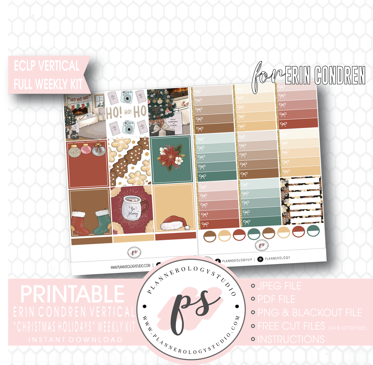 Christmas Holidays Full Weekly Kit Printable Planner Digital Stickers (for use with Erin Condren Vertical) - Plannerologystudio