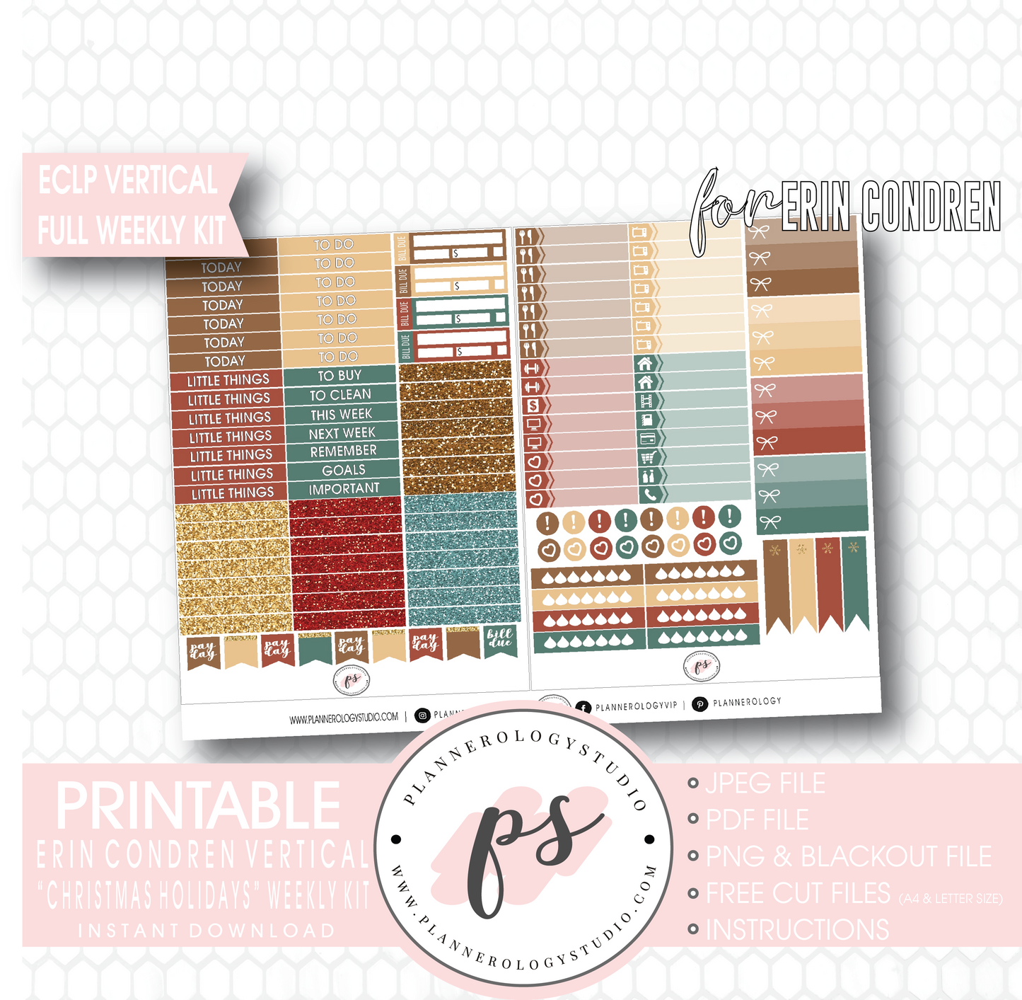 Christmas Holidays Full Weekly Kit Printable Planner Digital Stickers (for use with Erin Condren Vertical) - Plannerologystudio