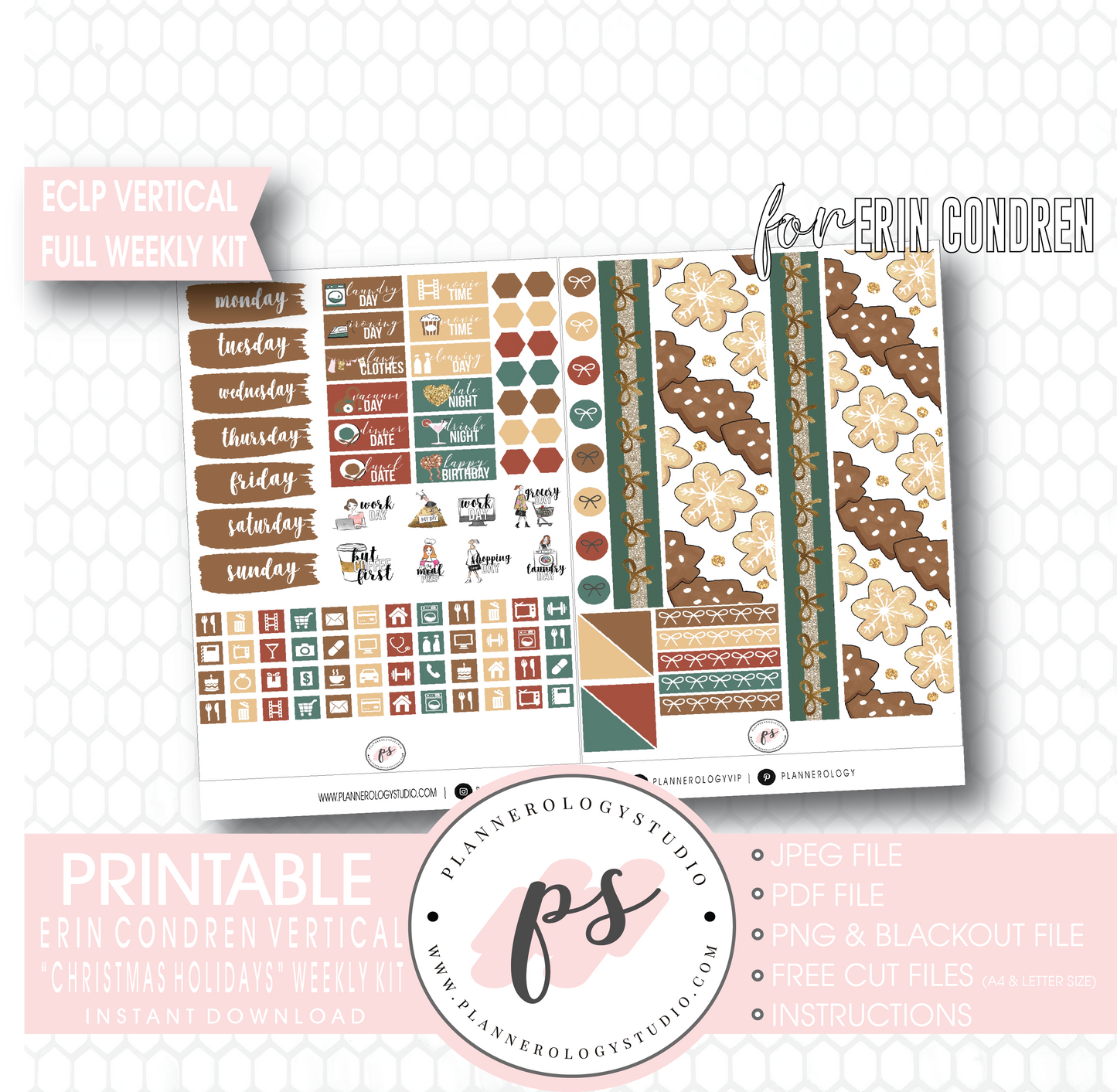 Christmas Holidays Full Weekly Kit Printable Planner Digital Stickers (for use with Erin Condren Vertical) - Plannerologystudio