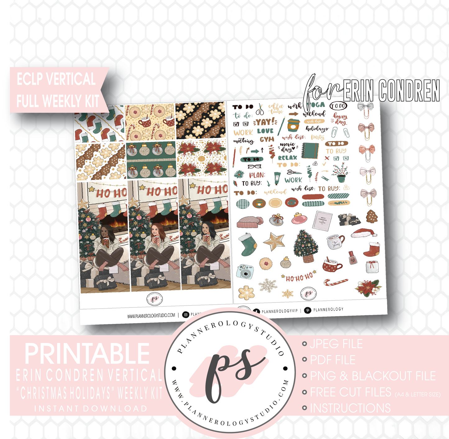 Christmas Holidays Full Weekly Kit Printable Planner Digital Stickers (for use with Erin Condren Vertical) - Plannerologystudio