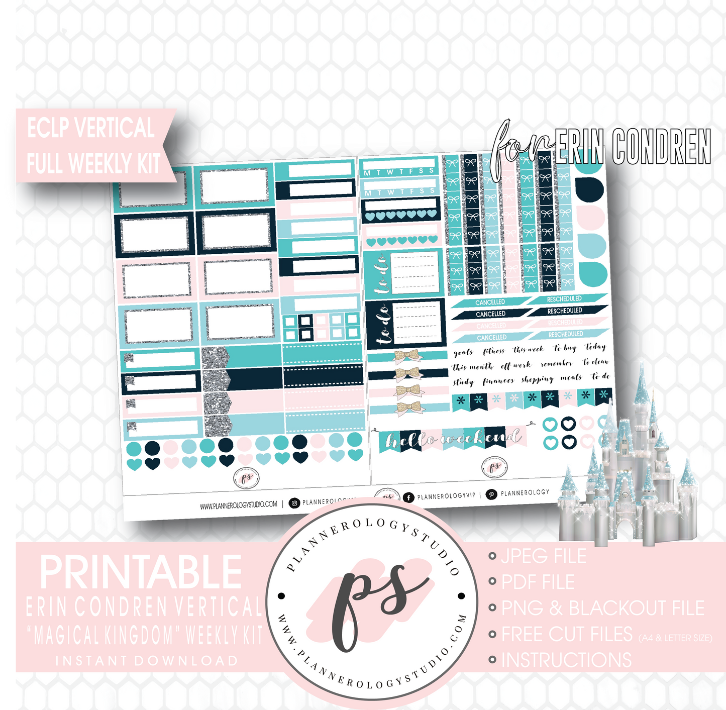 Magical Kingdom (Disney Inspired) Full Weekly Kit Printable Planner Digital Stickers (for use with Erin Condren Vertical) - Plannerologystudio