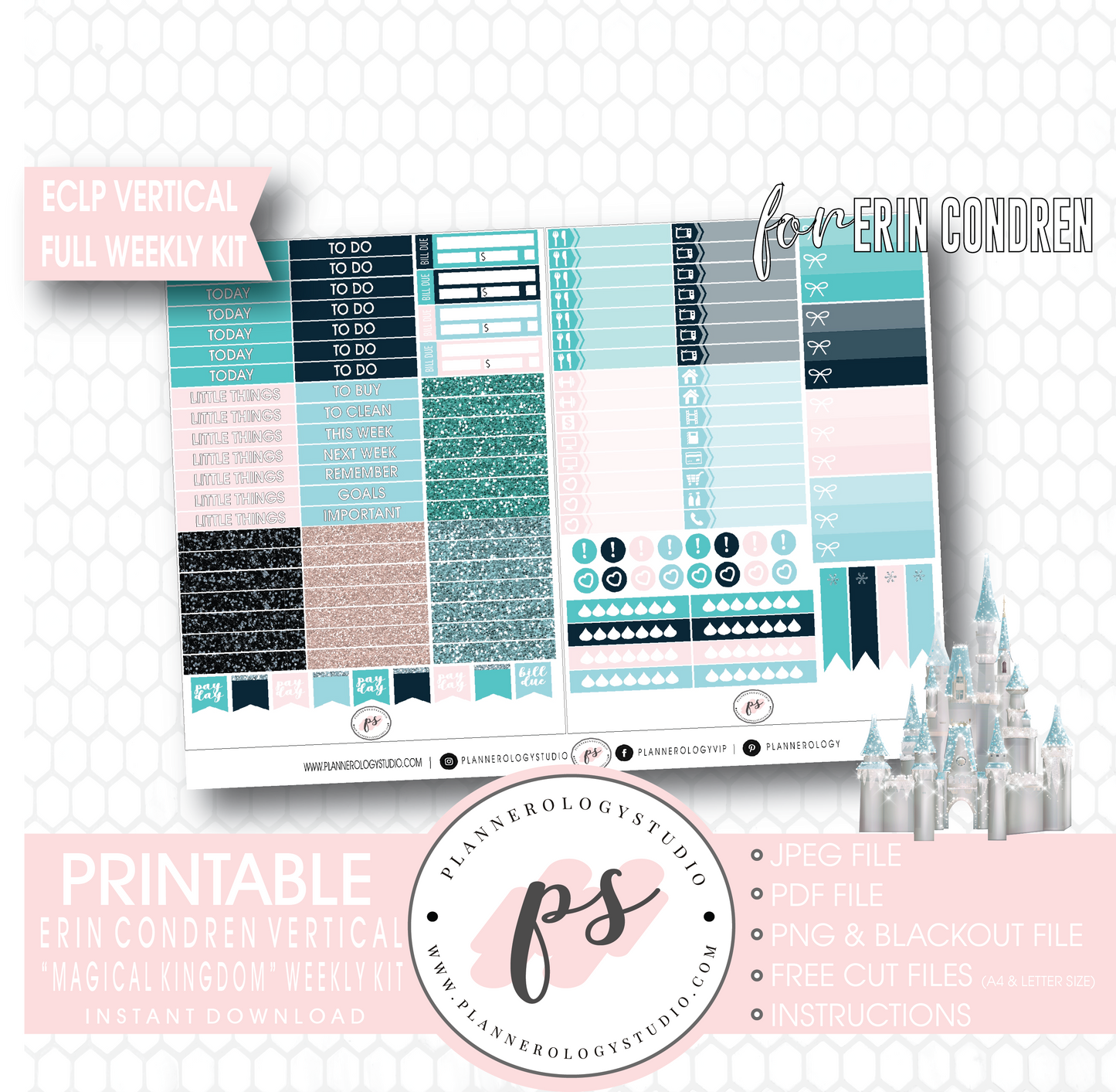 Magical Kingdom (Disney Inspired) Full Weekly Kit Printable Planner Digital Stickers (for use with Erin Condren Vertical) - Plannerologystudio